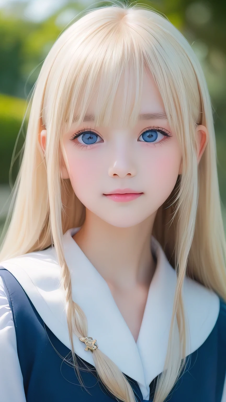 RAW Photos、((((Extremely beautiful portrait)))、(((Bright and fair skin))、1 girl、、Sailor suit、A 15-year-old pretty, bright, natural platinum blonde beauty.、((Gorgeous, natural, bright white platinum blonde))、Super long straight hair、Beautiful Bangs、[Attractive large bright blue eyes]、Smooth, thin and super long hair、Eyeliner、Hair between the eyes、smile、((masterpiece、最high quality、Ultra Detail、Film Light、Intricate details、High resolution、8k、Very detailed))、Detailed Background、8k UHD、Digital SLR、Soft Light、high quality、Film Grain、Fujifilm XT3、Shallow depth of field、Natural light、(Perfect hands)、Perfect beautiful face、Small Face Beauty、round face、Cheek gloss highlighter