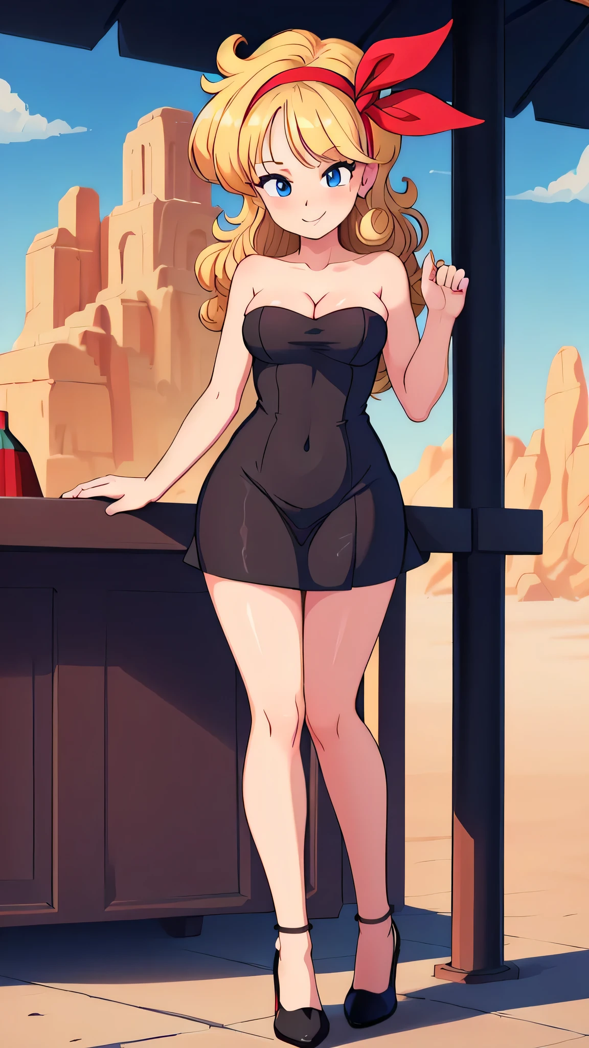 ((masterpiece, best quality)), insaneres, absurdres, solo, looking at viewer, BlondeHair_BadLaunch_ownwaifu, 1girl, long hair, blonde hair, curly hair, hair ribbon, blue eyes, medium breasts, red hairband, eyelashes, bangs, cleavage, bare shoulders, collarbone, black dress, short black dress, bodycon, skin-tight dress, strapless, black high heels, smile, seductive, park, hill, outdoor gazebo, sunlight, blue sky, Masterpiece,