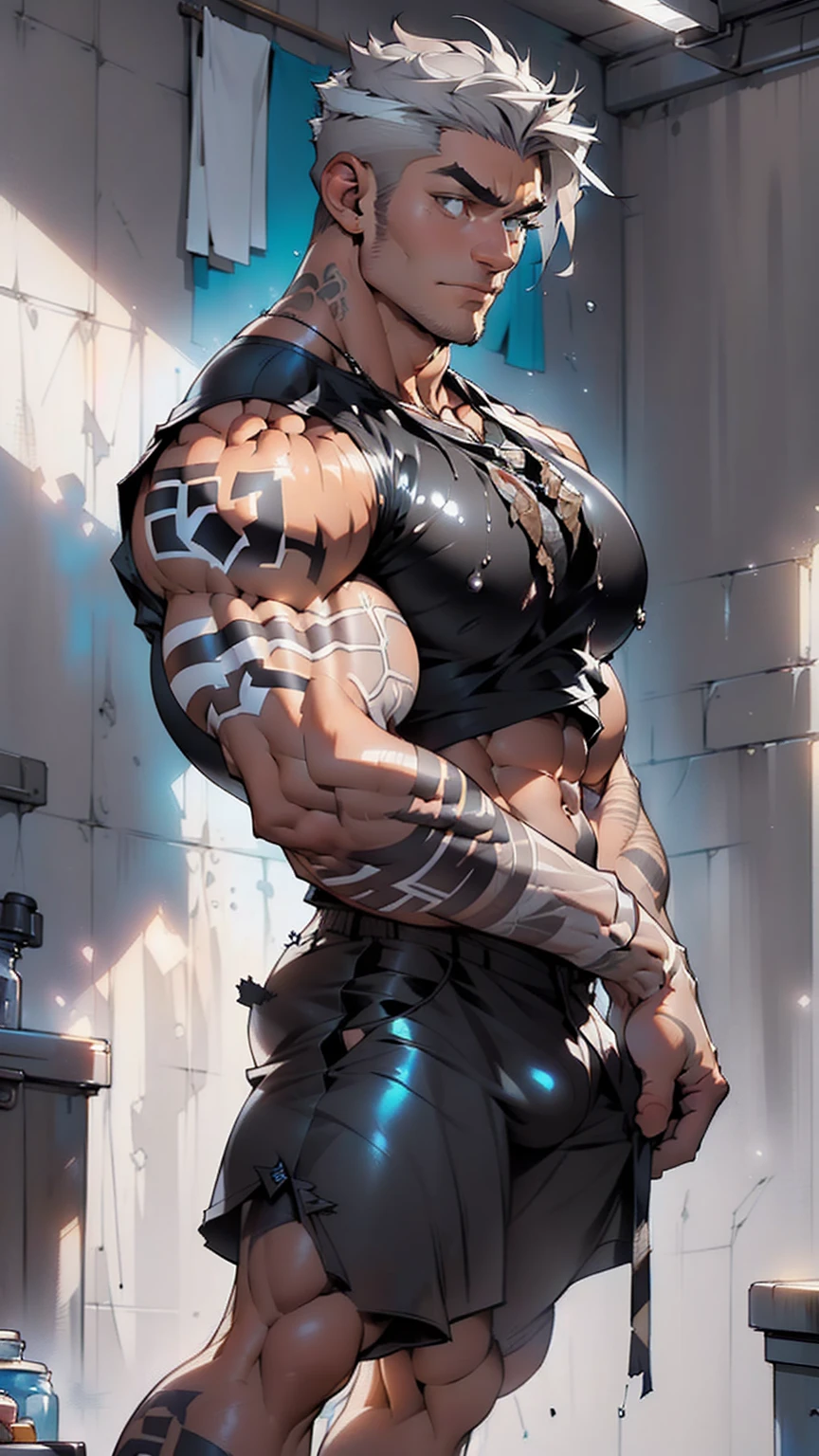 Male tribe, ((male, boy, male, male only, 1man, male sex)), ((((18 years old)))), muscular male, ((male muscle)), male male, male male, male chest, handsome face, ((grey hair, short hair, very short pointed hair, grey hair with blue bleached hair, inner hair)))), ((grey eyes :1.3))), Complex eyes, beautiful detailed eyes, symmetrical eyes, big eyes :1.5, ((Black skin, dark skin, shiny skin :1.5), tanned skin, bright skin :1.5, tanned skin, shiny skin, very shiny body)), ((Exaggerated muscles, exaggerated shoulders, very muscular and huge)), ((muscular, hairy body, muscular man, tall man, big toe, abs, big thighs, wide shoulders, open chest)), ((detailed face and eyes), ((trimmed)), (square chin)(nsfw), ((((bare chest, bare torso)))), (barefoot,), (bump of pants)),), ((Tattoo and mark :1.5)), ((Tattoo and mark :1.5)), ((topless, topless,), wearing casual shorts :1.3, baggy shorts)), ((ripped clothes, wet clothes, complicated clothes)), dynamic pose, looking at the audience, (serious, piercing eyes), middle, proportion to fit size, rule of three, ((tattered utility room)), winter, landscape :1.25, ((complex landscape), (messy background)), dirty rags everywhere, (tattered utility room background, tattered utility room), extreme landscape, (color spots everywhere), light blue yarn, modern style, run-down room, (sunrise, light blue moment), (No glossy fabric decorations), high resolution, sharp focus, (Super detailed, very detailed), (Realistic artwork :1.37), (very detailed CG unified 8k wallpaper), ((Bright colors, vibrant theme)), (Complex), (Masterpiece), (best quality), Art Photography, (DSLR photography), (Complex background), Perfectly rendered face, perfect face detail, realistic face, photo-realistic, ((intricate detail)), ((realistic)), ((Exaggerated muscles, exaggerated shoulders, very muscular and huge)), ((muscular, hairy body, muscular man, tall man, big toe, abs, big thighs, wide shoulders, open chest)), ((Exaggerated muscles, exaggerated shoulders,