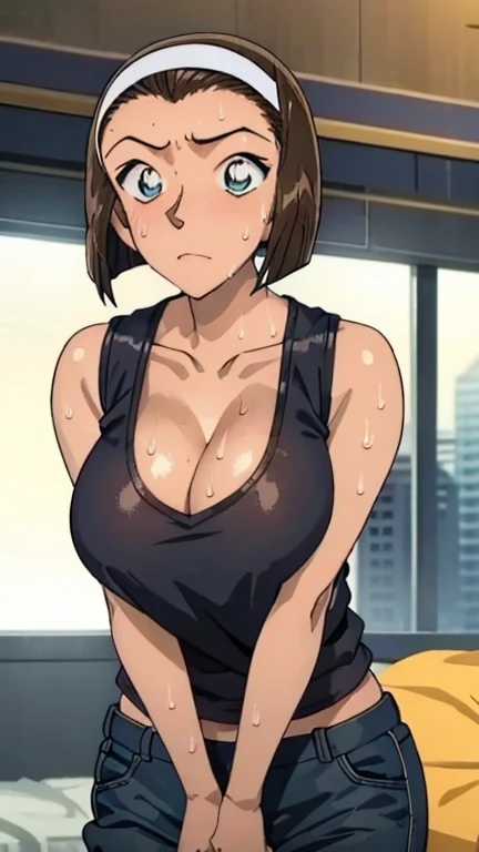 Looking into the camera、When I Look at You、lookatviewer、Anime Style、Eroge、1 girl, (Huge long breasts:1.2), (White round neck tank top camisole、Cleavage:1.2,Tight sports bottoms)、Low Angle、Brown haired, hair band、Bob Hair、The forehead is visible、blush,Round Breasts、(Sweat:1.5)、In the heat、moisture、Hotel Rooms、
