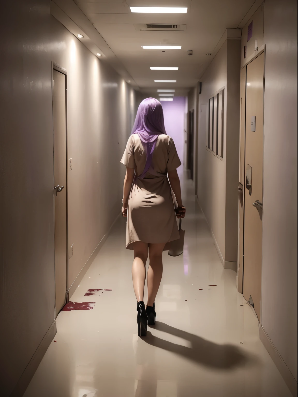 1girl, long light purple lilac hair, pov from behind, wearing very short sexy dirty beige bloody nurse uniform, wearing beige high heels, dingy dirty hospital hallway, off white hallway, beige colored doors, dark shadowed hallway, holding large knife, dragging an axe, beige doors, horror, scary, ominous, dirty floor