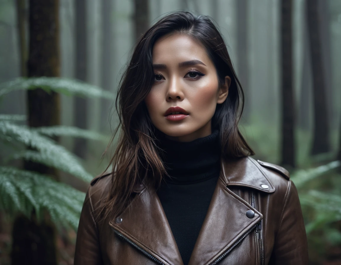 8k, ultra-detailed, grainy film photo, close-up masterpiece,muted colors, muffled light, dusk, rainy, moody, noir, woman in forest, shame dramatic expression, light turtleneck, tight faded leather jacket, beautiful long brunette hair, depraved outfit,asian:0.5fetishistic makeup,,