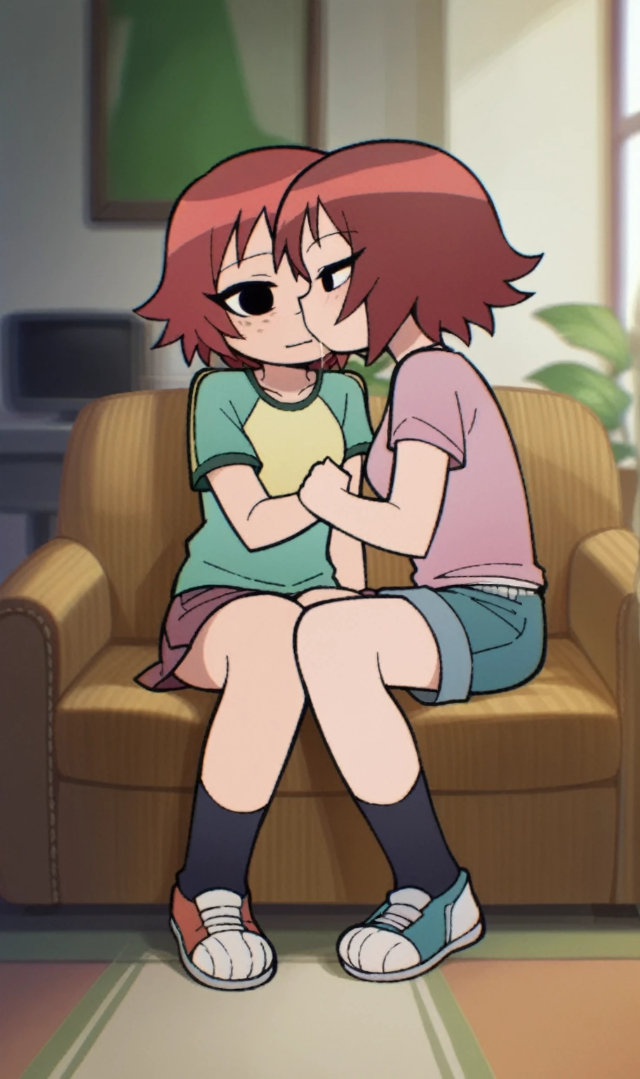 score_9, score_8_up, score_7_up,rating_explicit,source_cartoon, scottp, sketch, anime coloring, black eyes,
2girls, full body, casual, sitting, on couch, happy, plant, kissing, shy, saliva,
BREAK Kim, red hair, short hair, freckles
BREAK Chau, black hair, side ponytail