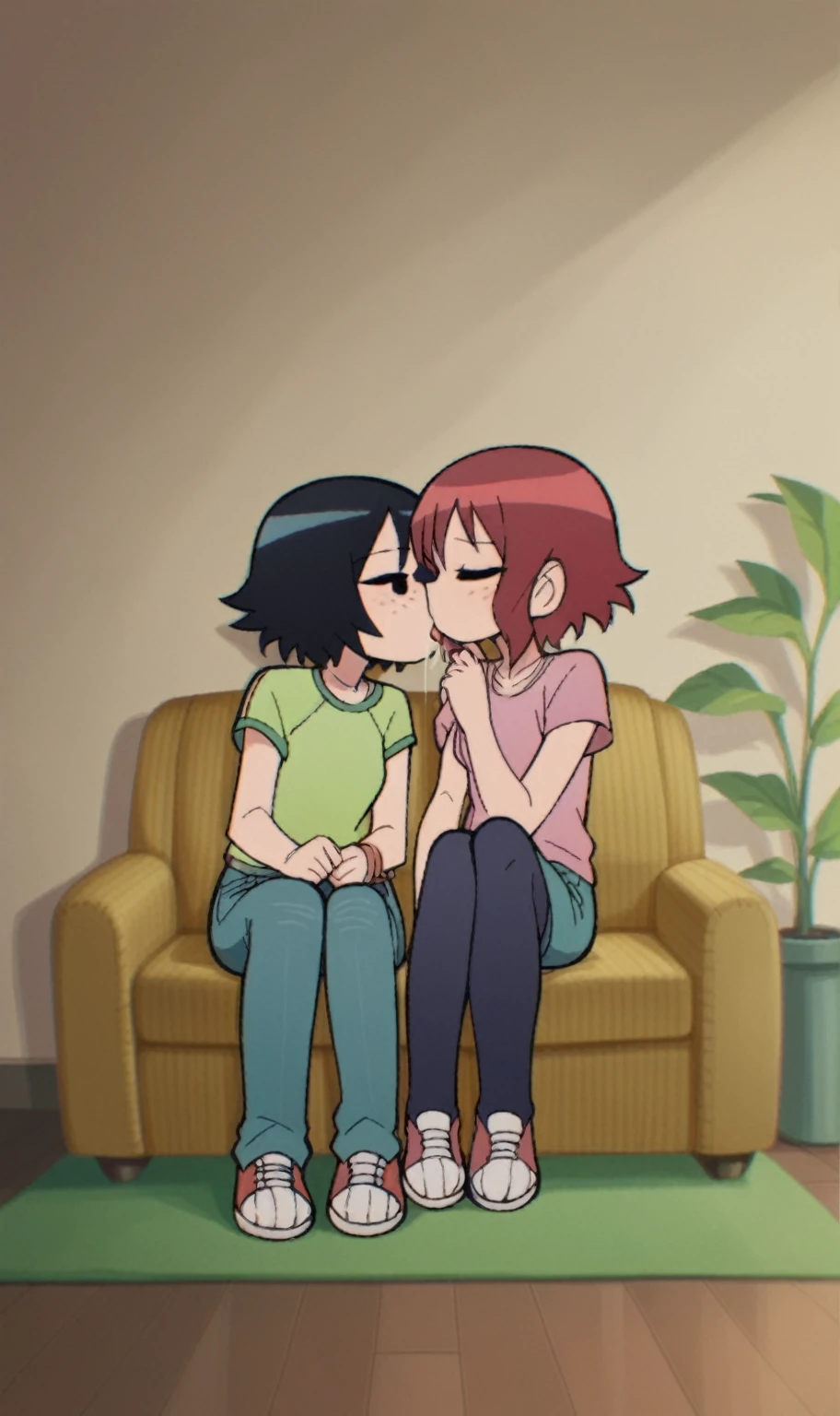 score_9,  score_8_up, score_7_up,rating_explicit,source_cartoon,  scottp, sketch, anime coloring, black eyes, 
2girls, full body, casual, sitting, on couch, happy, plant, kissing, shy, saliva,
BREAK Kim, red hair, short hair, freckles
BREAK Chau, black hair, side ponytail