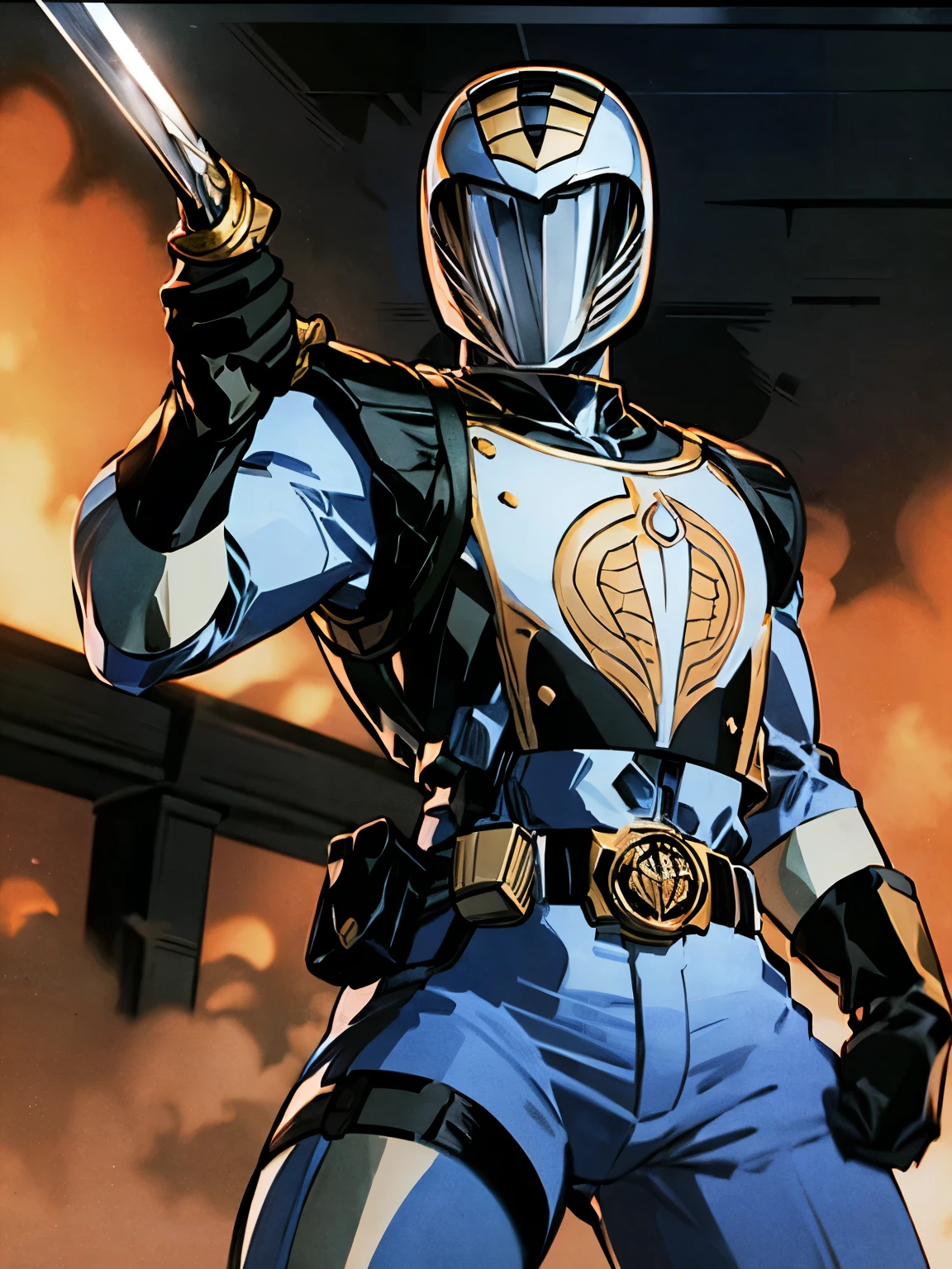 gijoe-cc, 1boy, male focus, ((masterpiece, best quality)), absurdres, White_Ranger, solo, breastplate, tokusatsu, (detailed cobra helmet and armor), cobra emblem, belt, helmet, sword, white bodysuit, mask, gloves, black gloves, fighting pose, epic background, cinematic composition, dynamic pose,