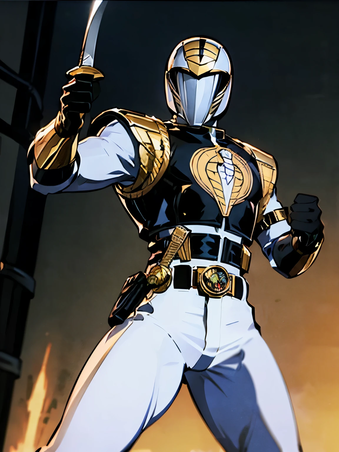 gijoe-cc, 1boy, male focus, ((masterpiece, best quality)), absurdres, White_Ranger, solo, breastplate, tokusatsu, (detailed cobra helmet and armor), cobra emblem, belt, helmet, sword, white bodysuit, mask, gloves, black gloves, fighting pose, epic background, cinematic composition, dynamic pose,