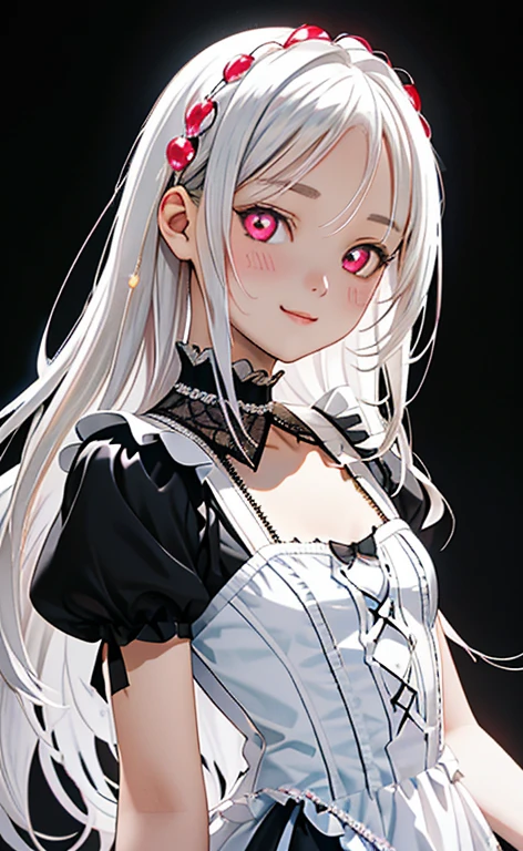 (Photorealistic:1.4)、asuna,(masterpiece、lens flare:1.5、spot light:1.2、Exquisite beautiful eyeonochrome:1.5,portlate、)(little devil:1.3),()
、Cute Face、 3D Face、(pearl white hair:1.5)、(wavy hair:1.3),(1 Girl)、(Red eyes:1.2)、(upper body)、(smug face:1.3)、(head tilt) ,(Cute face:1.2),(flat chest),(),kind face,(white lace frilled gothic lolita),(black background:1.5)、(glowing eyes:1.3)、()、 Neat and clean、Adorable、Slim Body(Tareme:1.5),Shiny Hair、(Glowing pink Skin)、Nijisketch,Manga,zydG