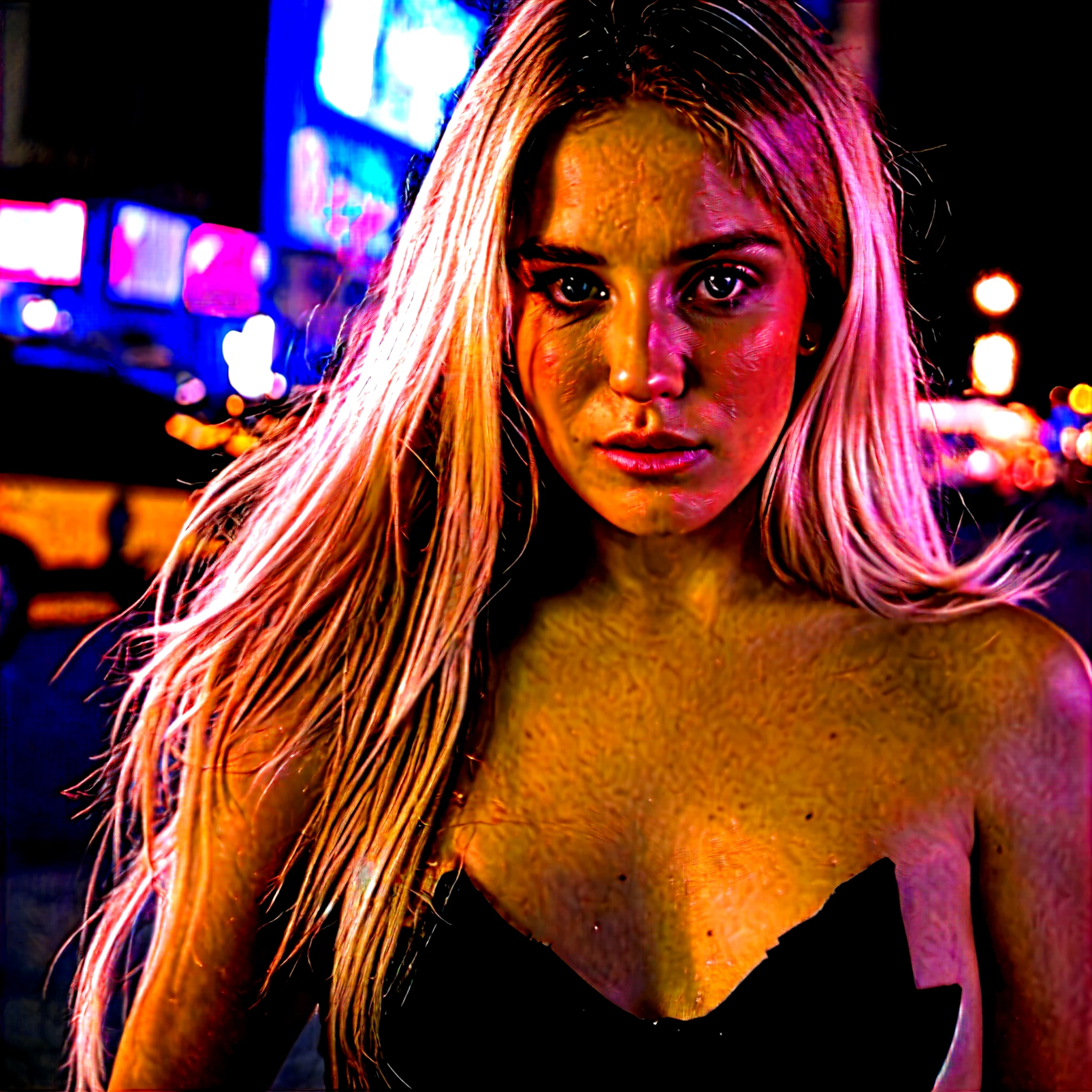 25 years old girl, russian blonde, new york street,night, cityscape,city lights, upper body,close-up, 8k, RAW photo, best quality, masterpiece,realistic, photo-realistic,