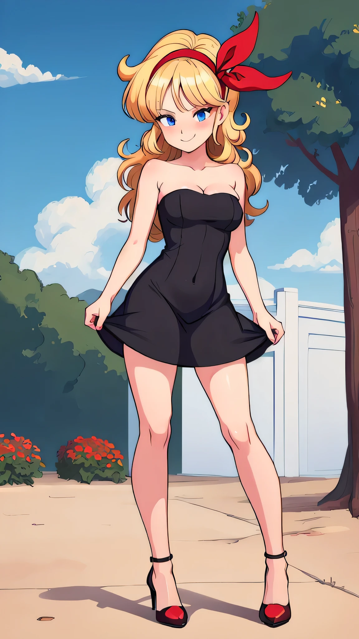 ((masterpiece, best quality)), insaneres, absurdres, solo, looking at viewer, BlondeHair_BadLaunch_ownwaifu, 1girl, long hair, blonde hair, curly hair, hair ribbon, blue eyes, medium breasts, red hairband, eyelashes, bangs, cleavage, bare shoulders, collarbone, black dress, short black dress, bodycon, skin-tight dress, strapless, black high heels, smile, seductive, park, hill, outdoor gazebo, sunlight, blue sky, Masterpiece,