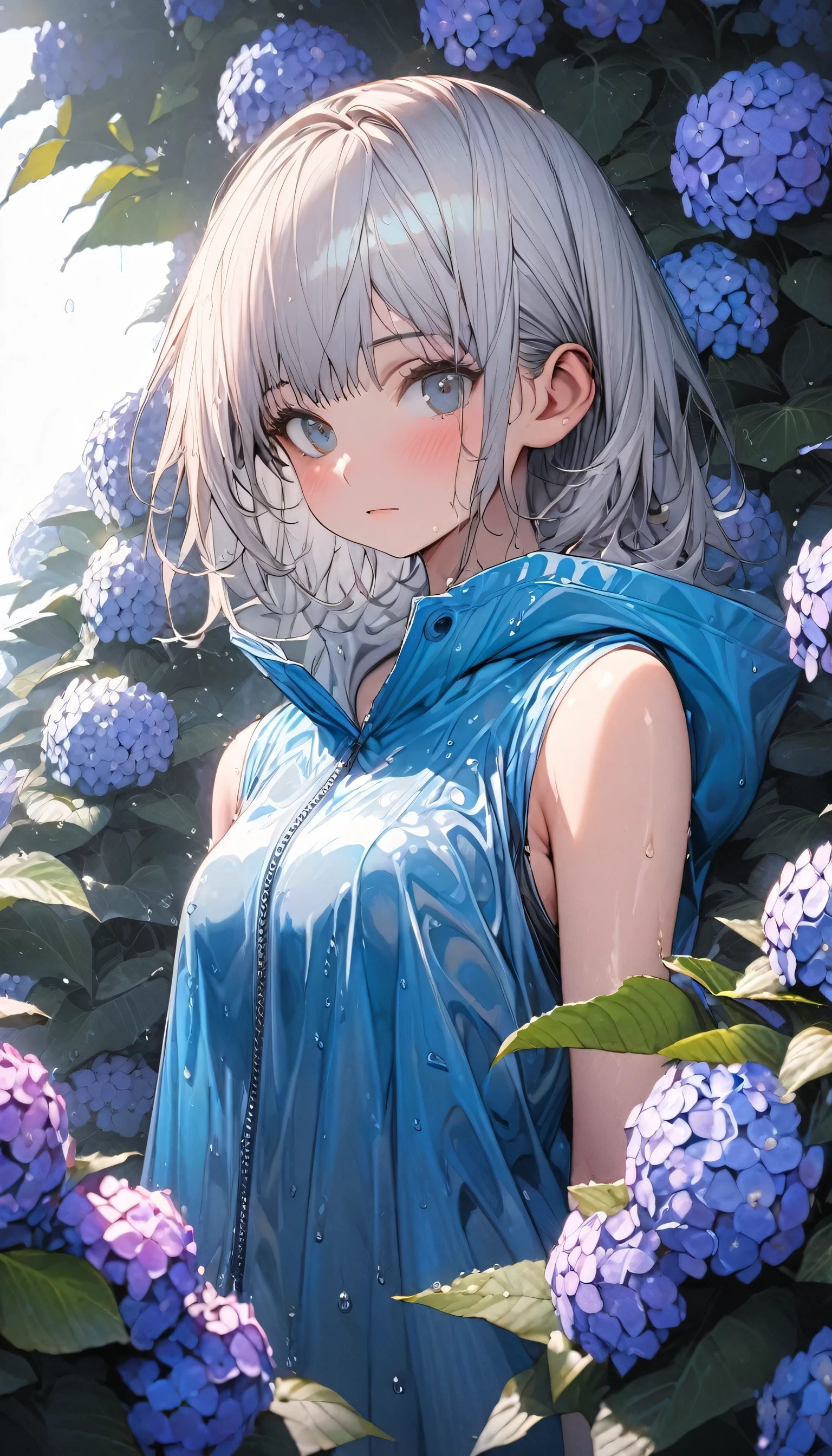 girl, slender body, ((boyish hair, very short silver hair )), onepiece dress sleeveless, standing, upper body shot, Standing in the many wet hydrangea flowers, vivid blue raincoat, rain boots, extremely detailed, huge filesize, the best quality, portrait, portfolio,