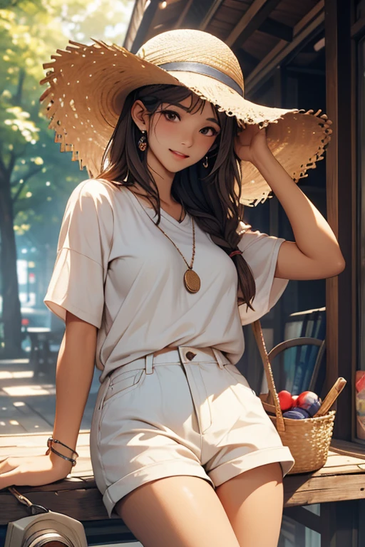 highest quality、masterpiece、High sensitivity、High resolution、Straw hat、White shirt、Shorts、Thin thighs、Small Boobs、