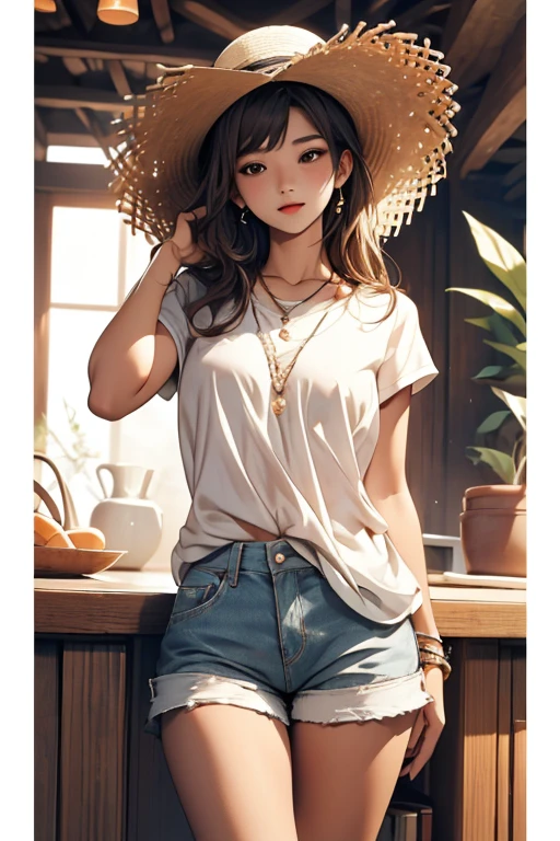 highest quality、masterpiece、High sensitivity、High resolution、Straw hat、White shirt、Shorts、Thin thighs、Small Boobs、