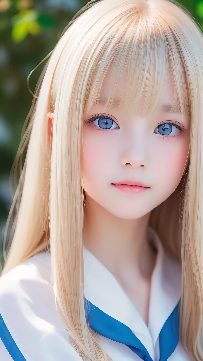 RAW Photos、((((Extremely beautiful portrait)))、(((Bright and fair skin))、1 girl、、Sailor suit、A 15-year-old pretty, bright, natural platinum blonde beauty.、((Gorgeous, natural, bright white platinum blonde))、Super long straight hair、Beautiful Bangs、[Attractive large bright blue eyes]、Smooth, thin and super long hair、Eyeliner、Hair between the eyes、smile、((masterpiece、最high quality、Ultra Detail、Film Light、Intricate details、High resolution、8k、Very detailed))、Detailed Background、8k UHD、Digital SLR、Soft Light、high quality、Film Grain、Fujifilm XT3、Shallow depth of field、Natural light、(Perfect hands)、Perfect beautiful face、Small Face Beauty、round face、Cheek gloss highlighter