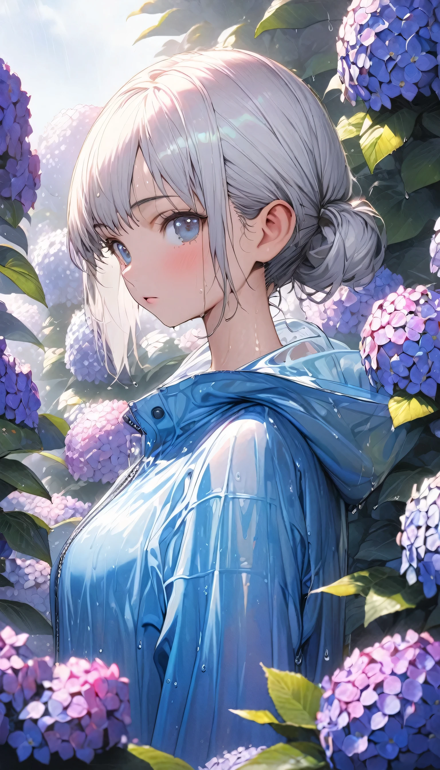  girl, slender body, ((boyish hair, very short silver hair )),  onepiece dress sleeveless, standing, upper body shot, Standing in the many wet hydrangea flowers, vivid blue raincoat, rain boots, extremely detailed, huge filesize, the best quality, portrait, portfolio, 