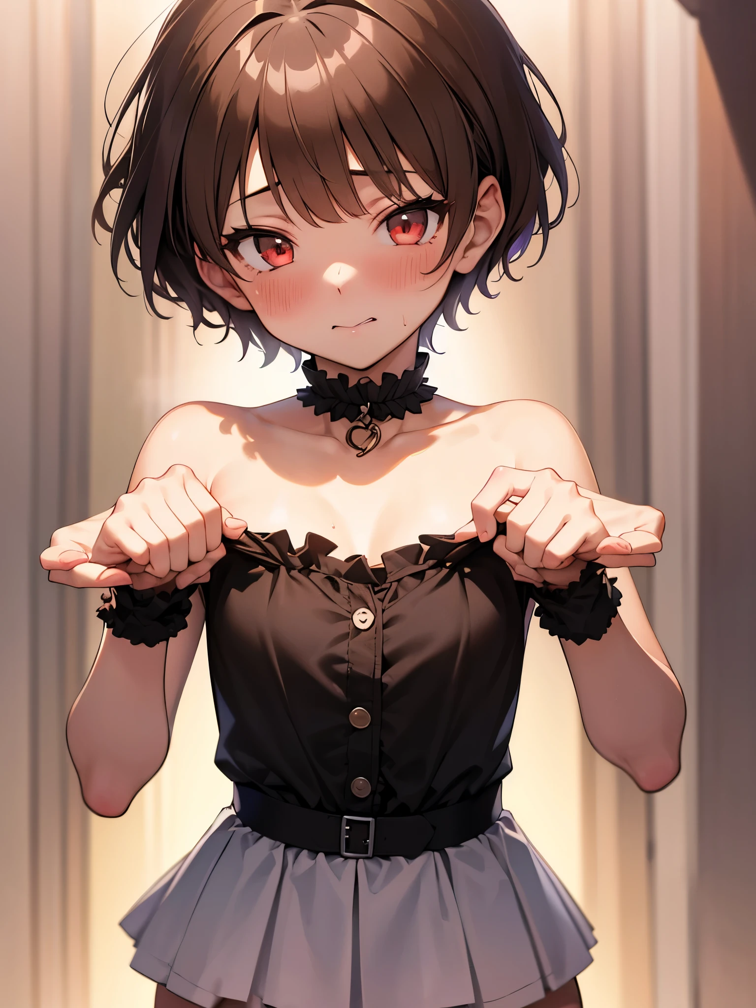 NSFW,1 girl、Red eyes、Short Hair、Brown Hair、choker、clavicle、Eye patch、長い髪のShort Hair、Side Lock,(Perfect hands),(Perfect Anatomy),(masterpiece),(highest quality),Embarrassed,blush