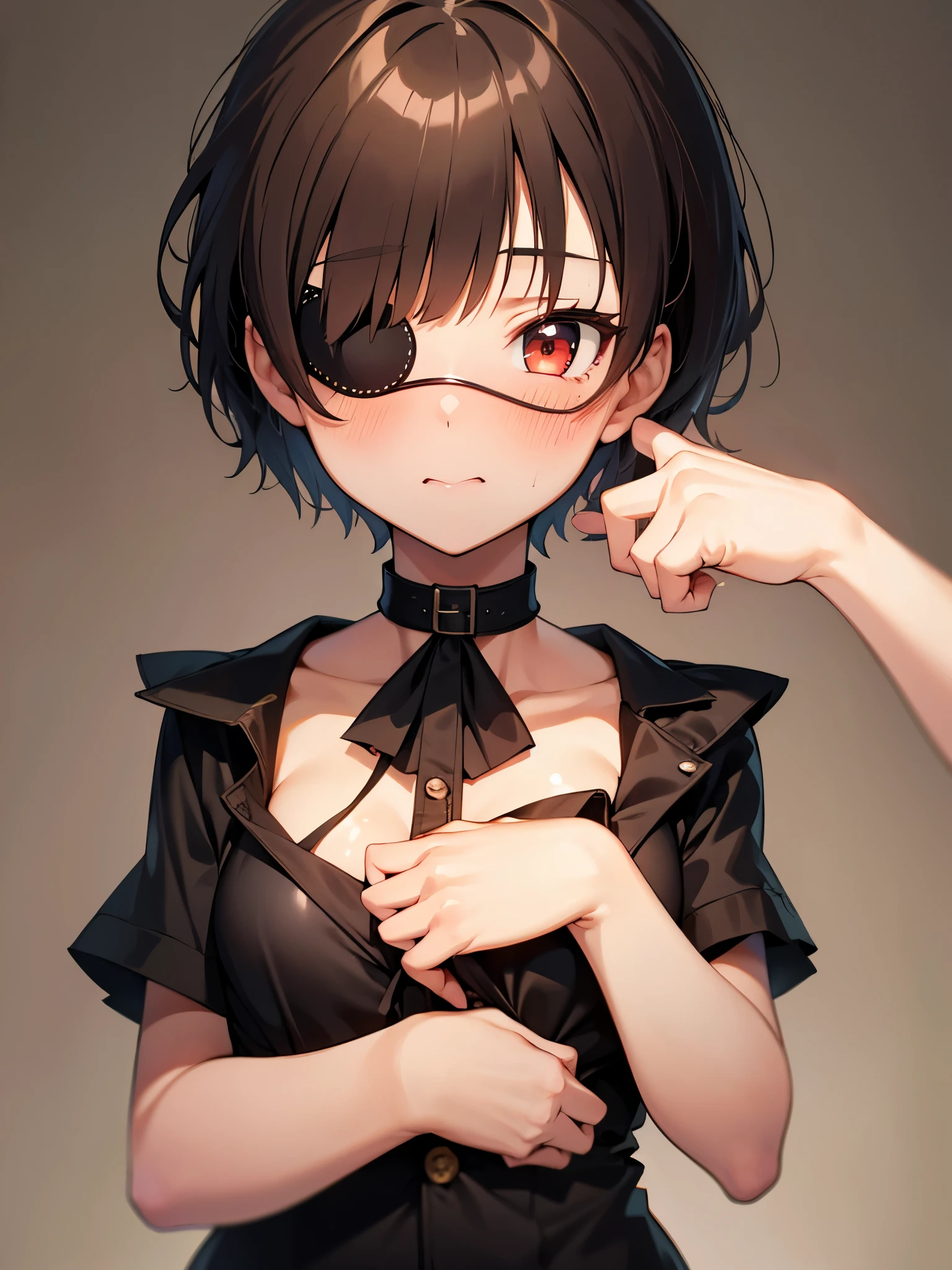 NSFW,1 girl、Red eyes、Short Hair、Brown Hair、choker、clavicle、Eye patch、長い髪のShort Hair、Side Lock,(Perfect hands),(Perfect Anatomy),(masterpiece),(highest quality),Embarrassed,blush