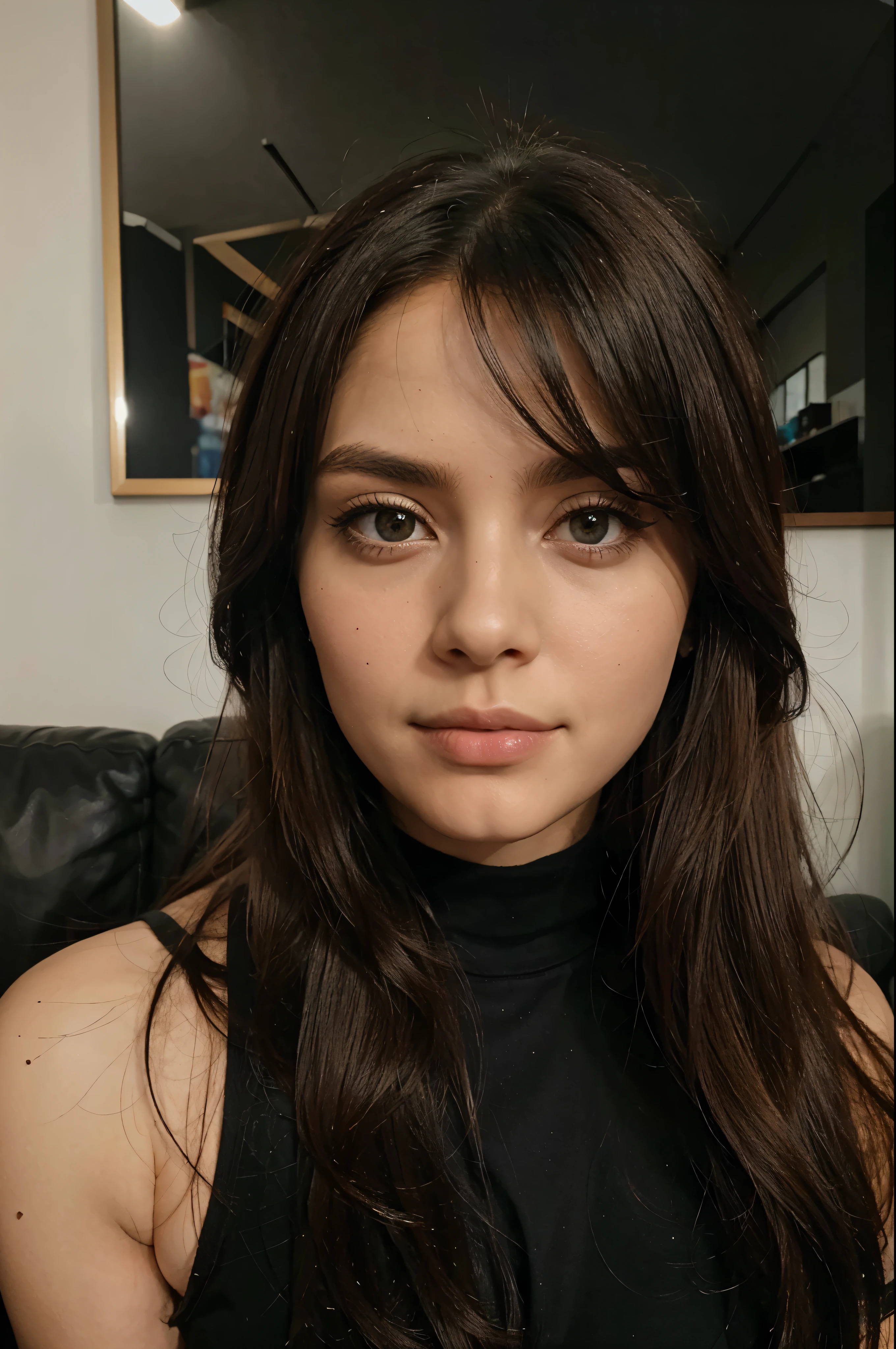 (garota 1. cabelo grande preto, olhos redondos azuis, sitting on a sofa, vista de frente, cabelo preto em um coque, livros em uma mesa na frente, pele palida e macia, mechas vermelhas na franja