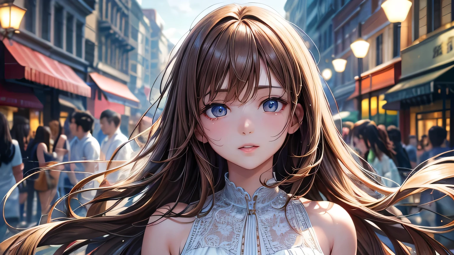 One woman : 1.3, Light brown hair: 1.2, , night: 1.2,On a sunny street corner: 1.1, Cinema Lighting, Ultra-high resolution, Accurate, Super detailed, Textured skin, High detail, highest quality, 8k,Thin bangs,Upper Body,Thick body, Well-drawn eyes, Focus on the face,summer,White and cute dress,Detailed hair depiction,Detailed depiction of eyes、Detailed depiction of hair、