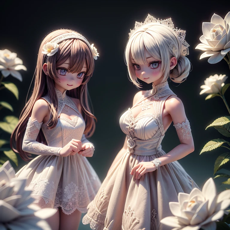 2females\((wearing beautiful delicate three-dimensional white lace:1.5),,smile,very beautiful,very delicate, \), BREAK ,\(many roses\(made by lace\)\) BREAK ,quality\(8k,wallpaper of extremely detailed CG unit, ​masterpiece,hight resolution,top-quality,top-quality real texture skin,hyper realisitic,increase the resolution,RAW photos,best qualtiy,highly detailed,the wallpaper,cinematic lighting,ray trace,golden ratio\),dynamic angle,macro photography,[nsfw:2.0],close up lace