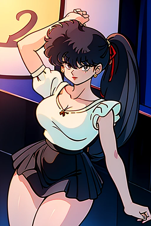 masterpiece,highest quality,Detailed, 1girl, solo girl, black hair, black eyes, Narrow eyes, ((sidetale))
, smiling, holding a mike, singing, music notes, Concert hall, stage, idol, idol outfit,  Yellow Hair Ribbon,Skirt with ruffles,Yellow Skirt,Big Breasts,No sleeve,V-neck Cleavage,Open chest,Thick thighs,1990s,Ranma,arm pit,Long legs,Raise your left hand,Belly button,White panties,Muscular legs standing with legs apart
,Long eyelashes