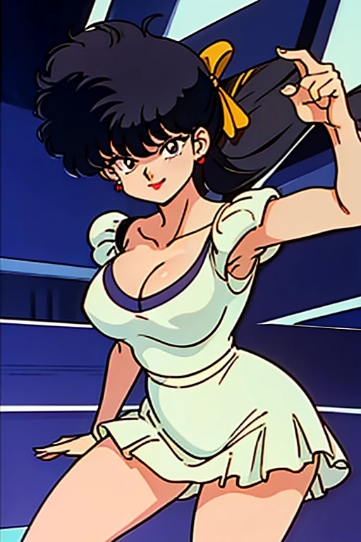 masterpiece,highest quality,Detailed, 1girl, solo girl, black hair, black eyes, Narrow eyes, ((sidetale))
, smiling, holding a mike, singing, music notes, Concert hall, stage, idol, idol outfit, Yellow Hair Ribbon,Skirt with ruffles,Yellow Skirt,Big Breasts,No sleeve,V-neck Cleavage,Open chest,Thick thighs,1990s,Ranma,arm pit,Long legs,Raise your left hand,Belly button,White panties,Muscular legs standing with legs apart
,Long eyelashes