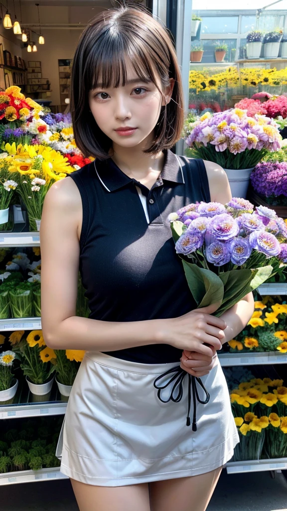 (masterpiece:1.3, top-quality, ultra high res, ultra detailed), (realistic, photorealistic:1.2), beautiful illustration, perfect lighting, natural lighting, colorful, depth of fields, ,
beautiful detailed hair, beautiful detailed face, beautiful detailed eyes, beautiful clavicle, beautiful body, beautiful chest, heavy chest, beautiful thigh, beautiful legs, beautiful fingers, shiny skin,
looking at viewer, 1 girl, japanese, 22 years old, (perfect anatomy, anatomically correct, super detailed skin), cute and symmetrical face, babyface, perfect face, perfect eyes, perfect fingers,
(short bob hair, straight hair, hair slicked back:1.6, blue hair), parted bangs, dark purple eyes, big eyes, drooping eyes, long eyelashes, faint lips, (Large swollen breasts, seductive thighs), outstanding style,
(detailed cloth texture, break, sleeveless collared polo shirt, tight skirt, black apron), break,
(beautiful scenery), ((behind flower shop:1.5)), standing, ((hold a big bouquet:1.2)), (parted lips),