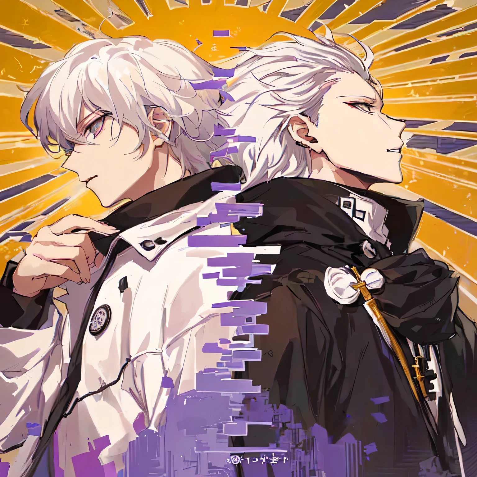 Two White hair anime characters wearing black jackets standing in front of the background, key point, Komaeda Nagito, White hair, Anime Cover, Anime Visual, key Anime Visual, anime key point, White hair, Danganronpa&#39;s Digital Art, key art anime clear focus, Official anime original image, official anime key point