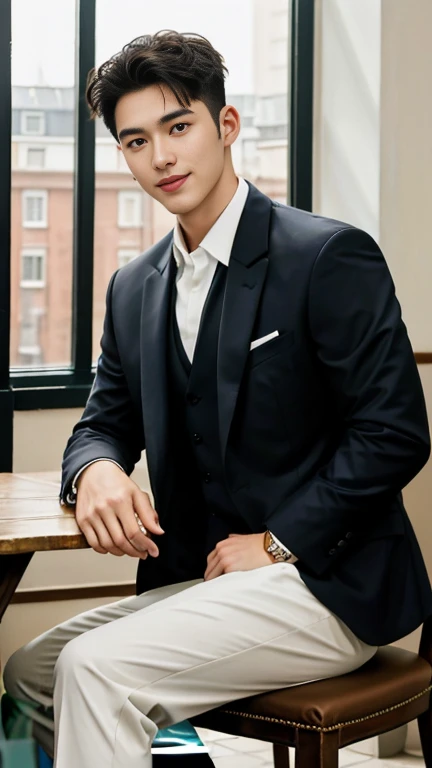 A male model in his twenties named Leon. He has an exceptionally flat head. He is wearing a suit and pants, and is muscular and handsome. He is dressed in a suit, white short socks, and black sneakers. Smiling, he has facial features like a Korean idol, brown hair, and a clean hairstyle. He is seated on a chair indoors with soft lighting illuminating him. The image is a masterpiece of the highest quality, in 8K UHD, captured with a digital SLR camera, featuring film grain, and created with the realistic painting art style of a Fujifilm XT3. The artwork is depicted by Midjourney and Greg Rutkowski.