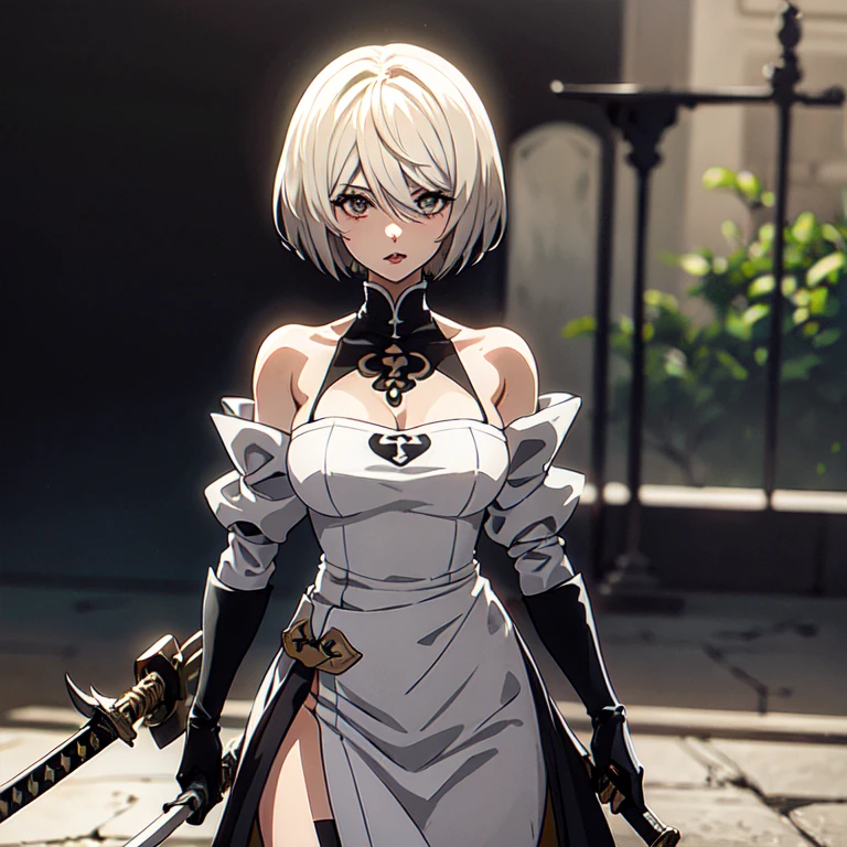 2B, 1 chica, solo, pelo corto, muslos, arma, pelo blanco, diadema, espada, sosteniendo un arma, desnuda, espada en mano,  katana, diadema negra, lunar debajo de la boca, mostrando el culo al espectador, obra maestra, gran culo, desnuda mostrando el culo