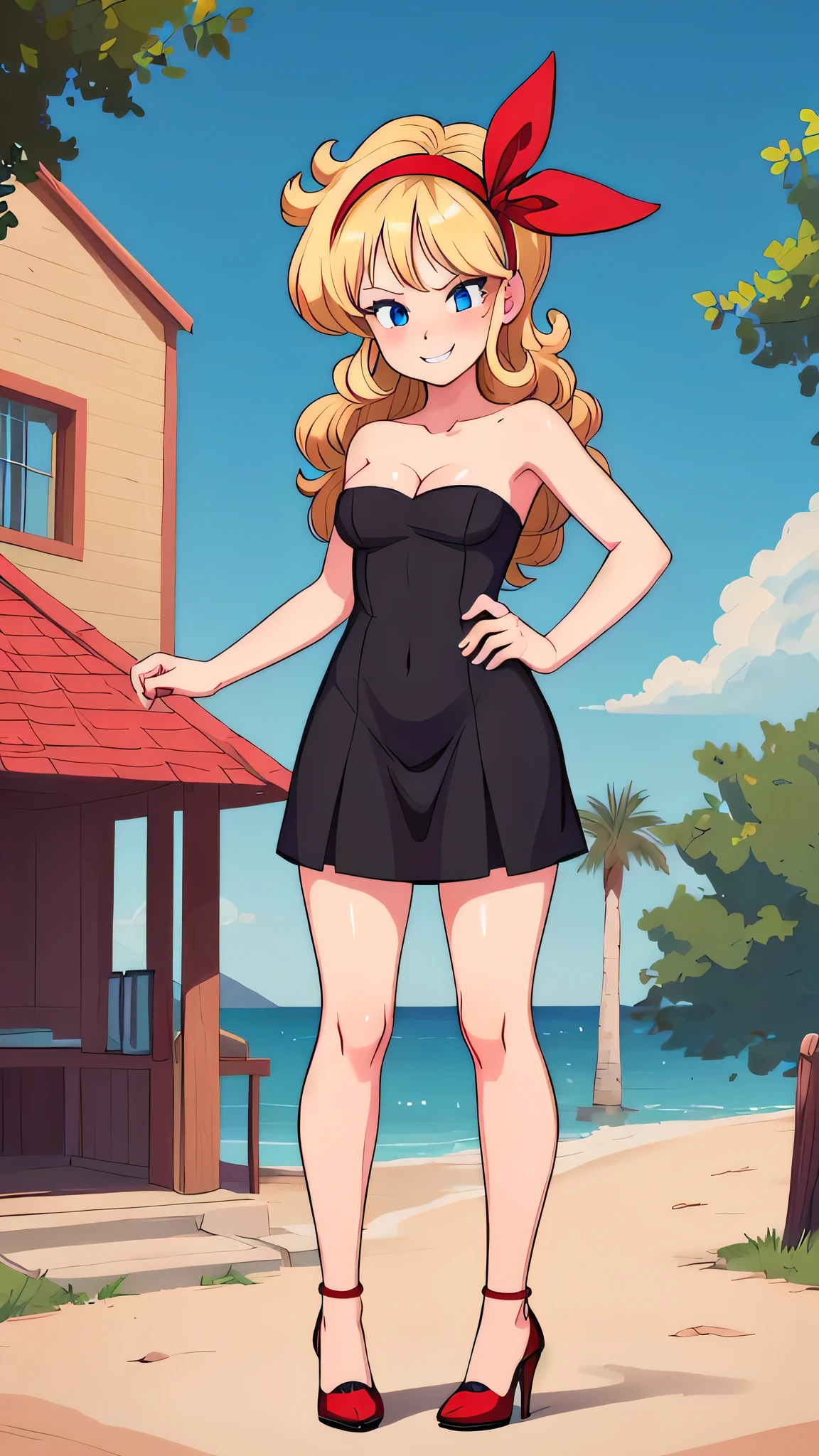 ((masterpiece, best quality)), insaneres, absurdres, solo, looking at viewer, BlondeHair_BadLaunch_ownwaifu, 1girl, long hair, blonde hair, curly hair, hair ribbon, blue eyes, medium breasts, red hairband, eyelashes, bangs, cleavage, bare shoulders, collarbone, black dress, short black dress, bodycon, skin-tight dress, strapless, black high heels, smile, seductive, park, hill, outdoor gazebo, sunlight, blue sky, Masterpiece,