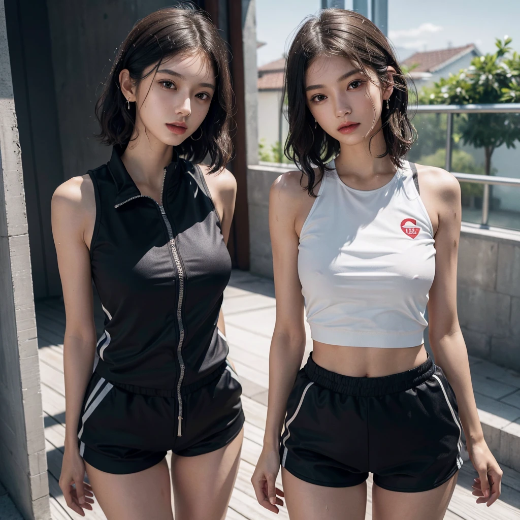 absurdres, RAW photo, extremely delicate and beautiful, masterpiece, Best Quality, ultra high resolution, 16k, hyperrealistic, ultra-detailed, perfect anatomy, super Detailed skin, perfect figure, Very detailed CG 8k wallpaper, in her 20s, very Slim body, narrow waist, very small head, very small face, delicate facial features, tearful mole, earring, thin legs, (very huge round breasts), full body shot, (((2 girls))), short hair, (wavy hair), ((track suit)), (wet clothes), sleeveless, midriff, shorts,