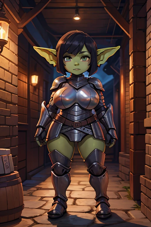 goblin girl, shortstack girl, small girl, black hair, bob cut hairstyle, pointy ears, green skin, wide hips, huge breasts, full body, standing, revealing clothes, silver armor, knight