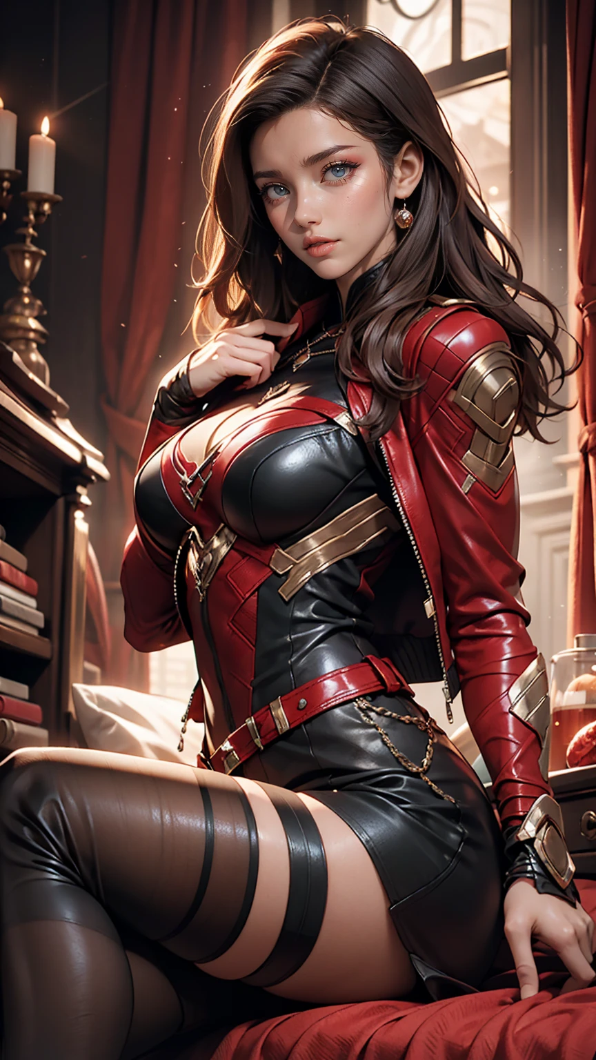 Highly detailed female photos, Lola Elizabeth, Scarlet Witch, the avengers, Wearing a black lace dress, Open red leather jacket, 8K Ultra HD, Raw photo, Model photoshoot