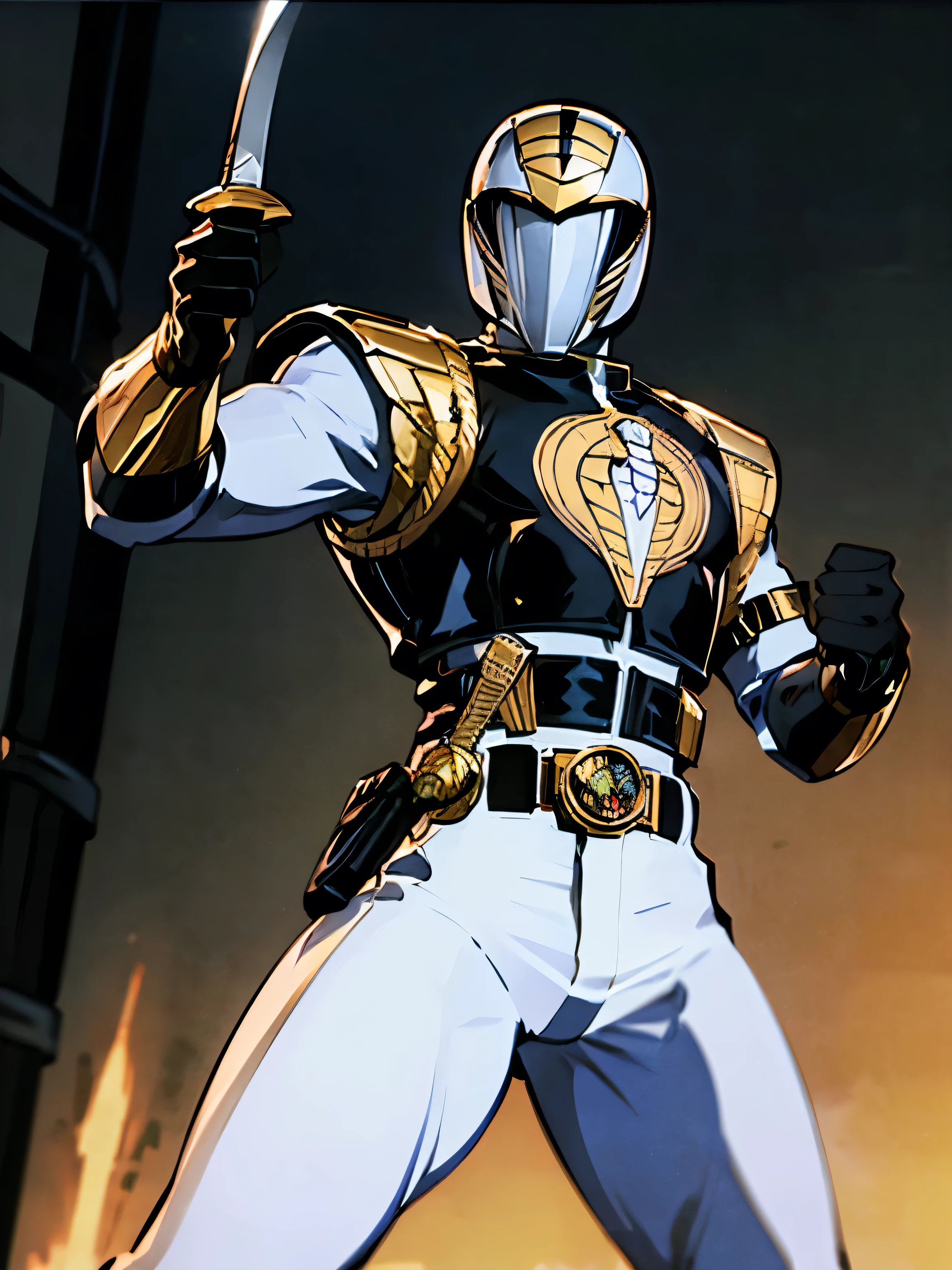 gijoe-cc, 1boy, male focus, ((masterpiece, best quality)), absurdres, White_Ranger, solo, breastplate, tokusatsu, (detailed cobra helmet and armor), cobra emblem, belt, helmet, sword, white bodysuit, mask, gloves, black gloves, fighting pose, epic background, cinematic composition, dynamic pose,