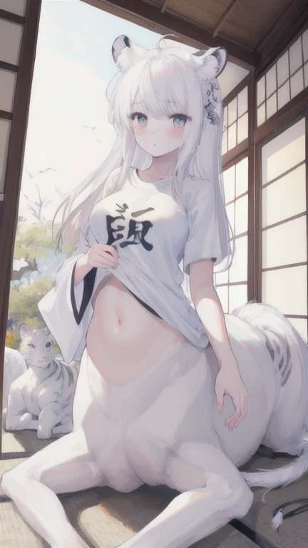 (best quality, masterpiece), 1 girl, centaur, It takes, White skin, Japanese , belly button t-shirt, 아름다운 소녀 perfect white tiger photo, perfect white tiger photo