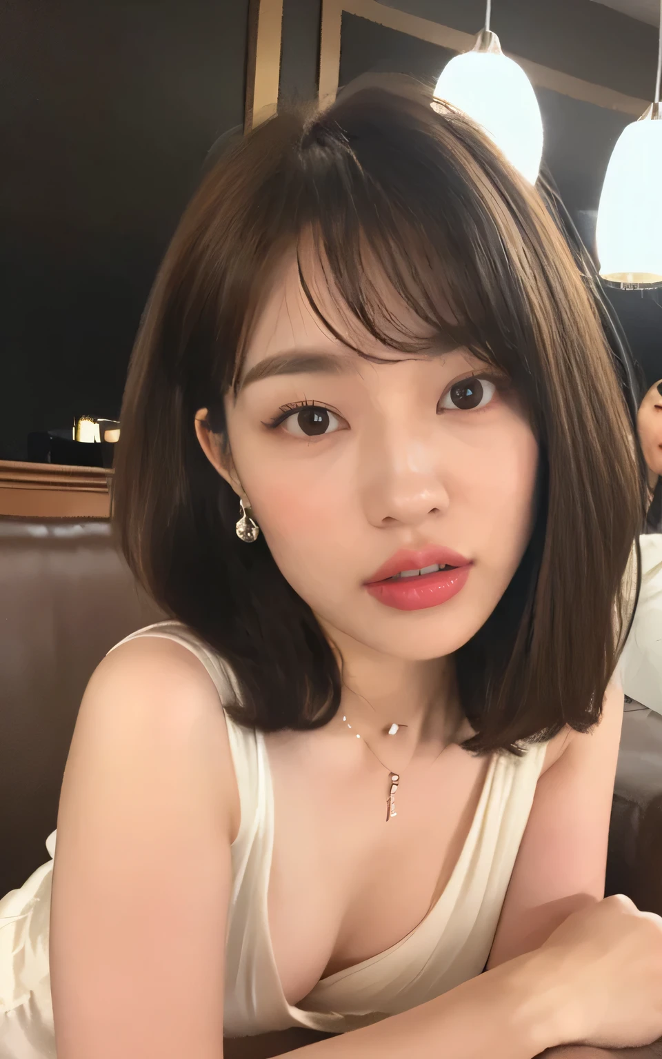 (Sexy milky silk mini dress, No bra, The shape of the nipples is visible, Spread your legs a little:1.5),
((Age 25, Elegant beautiful announcer, Sexy body, Naughty older sister, She flashes her breasts at me and tempts me:1.4)),
((Small breasts, Flat Chest:1.2)),
((She is touching my dick, Looking forward:1.2)),
((I love you?, I want to kiss you?, I want to fuck you?, cheat with me?:1.2)),
((Where are you touching? You're so naughty.!,Your dick is getting hard,You were thinking about something naughty:1.2)),
((The interior of a luxurious girls bar, Complete darkness, There are lots of female staff members:1.4)),
((Just me and my girlfriend, Making love while lying on the sofa, I kiss her, It feels so good to be kissed by her plump lips, I touch her boobs through her clothes, She gets so comfortable she gets totally naked, Her boobs are incredible, I gently lick her nipples, She climbs on top of me、I inserted my penis between her legs in the cowgirl position., Her moans get louder、I feel ecstasy, I also feel good、The pace of her hips gradually increases, Her face is so cute when she feels it :1.3)),
Eye focus, Narrow shoulders, Beautiful clavicle, Long, slender legs, The back of the hand is beautiful and feminine,
Slender figure, A soft belly, Thin waist,
Ultra detailed face, Ultra detailed breasts, Ultra-detailed skin, Fair skin, Glossy Skin,
Ultra-detailed lips, Fuller lips, Glossy pink lips, Flushed Cheeks, White teeth,
Beautiful actress's languid make-up, Pink lipstick,
Dark Brown Hair, Delicate soft hair,
(Put your hair up, Fluffy Short Bob:1.2), (Sweep your bangs to the side:1.2),
(Stylish looking earrings,necklace:1.2),