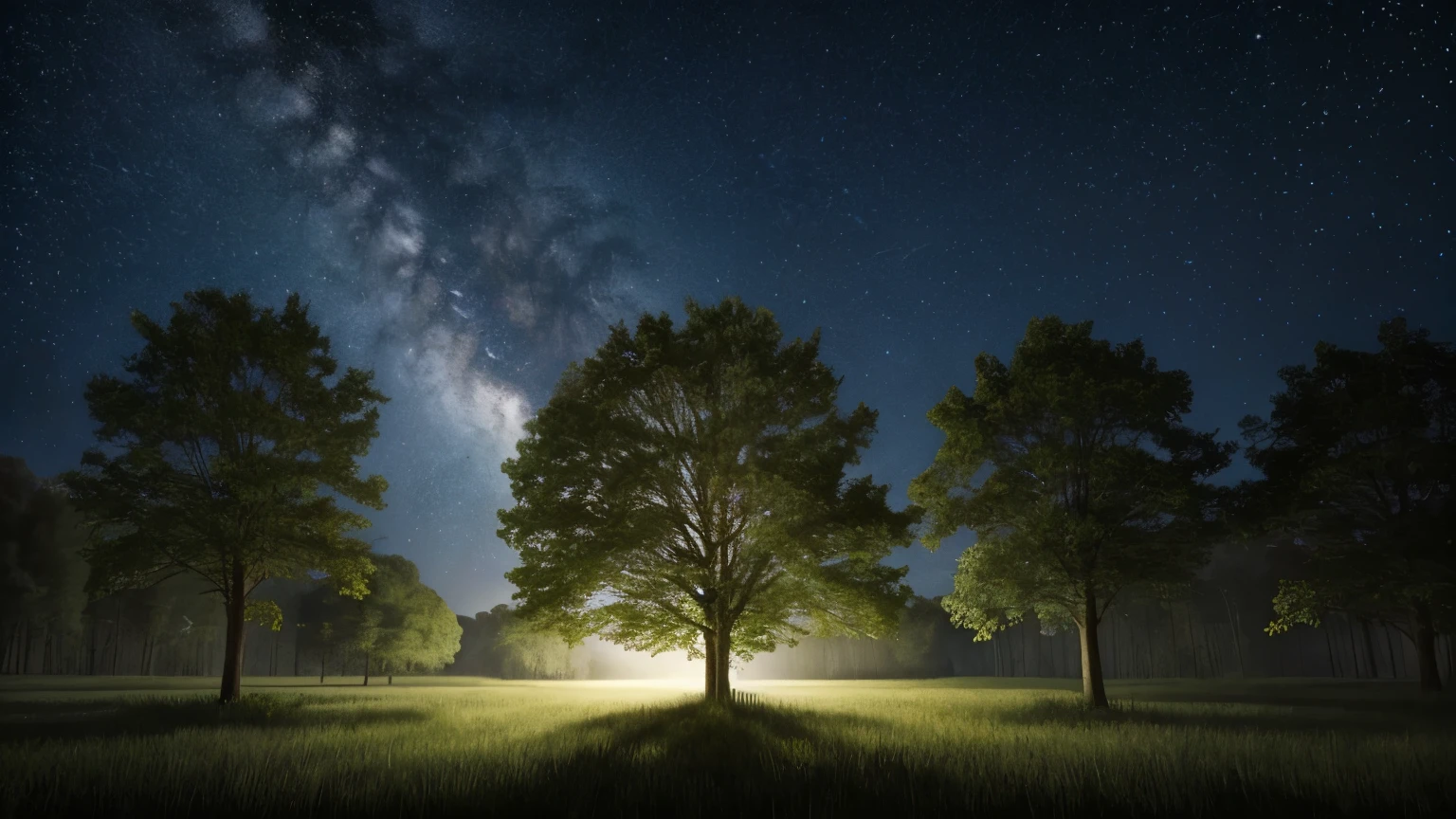 Imagine a gentle moonlit forest glade., Lonely, Old oak trees stand tall, The gnarled branches reach out and touch the starry sky.. Fireflies fluttering around the tree, Soft Cast, Mysterious glow, A gentle mist rolls in, Add a touch of mysticism to this enchanting scene