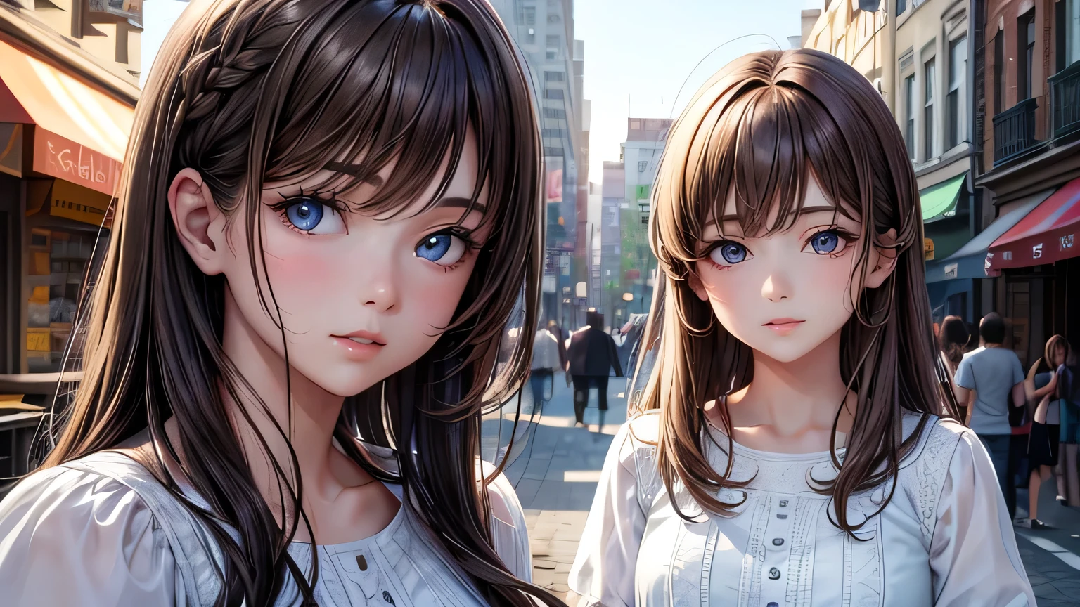 One woman : 1.3, Light brown hair: 1.2, , night: 1.2,On a sunny street corner: 1.1, Cinema Lighting, Ultra-high resolution, Accurate, Super detailed, Textured skin, High detail, highest quality, 8k,Thin bangs,Upper Body,Thick body, Well-drawn eyes, Focus on the face,summer,A cute light-colored dress,Detailed hair depiction,Detailed depiction of eyes、Detailed depiction of hair、