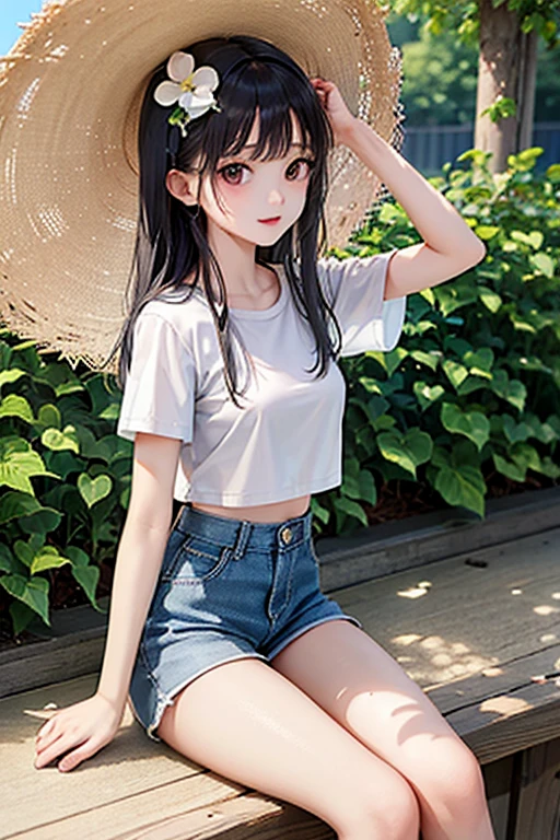 highest quality、masterpiece、High sensitivity、High resolution、Straw hat、White shirt、Shorts、Thin thighs、Small Boobs、