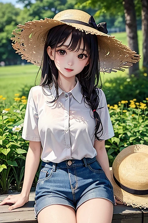 highest quality、masterpiece、High sensitivity、High resolution、Straw hat、White shirt、Shorts、Thin thighs、Small Boobs、