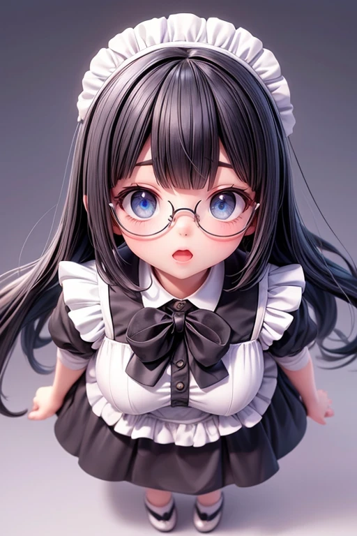 Clean background、Stand upright and symmetrical, View Viewer,1 female,Black Hair, ,,Good style,,(Look forward)(((Blushing cheeks、Surprised expression)),Frameless Glasses,blue eyes,(((The bangs are evenly spaced)))Full body image、Look forwardいる、Stand upright and symmetrical,View Viewer,Full Body Shot, Wide-angle,Maid服、Maid、evil