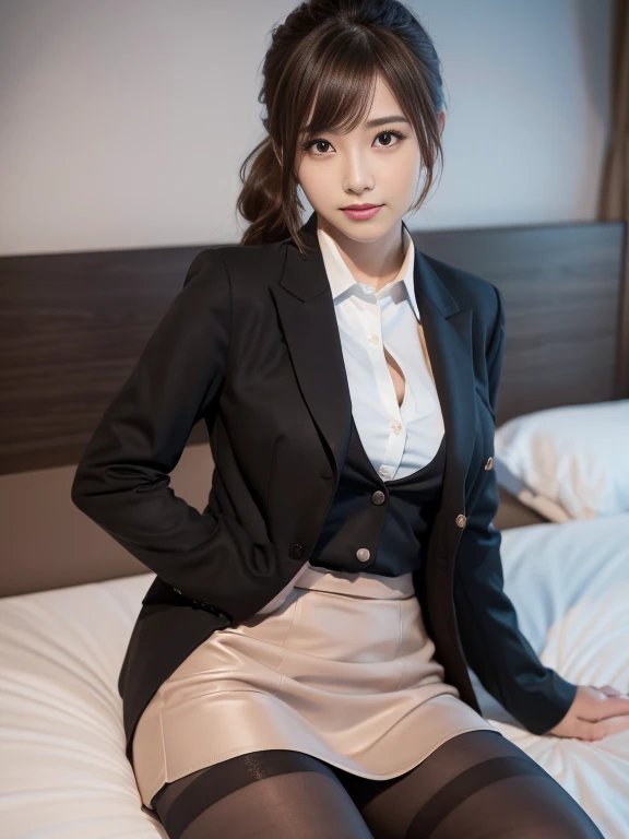 One girl, alone, pantyhose, Brown eyes, View Viewer, (オフィスレディsuit), Sit on the bed, Brown Hair, Medium Hair, Messy Hair, Asymmetrical bangs, Short Ponytail, Black jacket, blush, (White collared shirt), Black tight skirt, Long sleeve, suit, Big Breasts, Cleavage, formal, smile, Black pantyhose, Beautiful girl ,8k, High resolution,RAW Photos, (Tabletop:1.2), (highest quality:1.2), Realistic, Photorealistic, Sharp focus,Moody lighting, Blue Hour, Japanese Idols, 28 years old, expensive, Glamour, side、