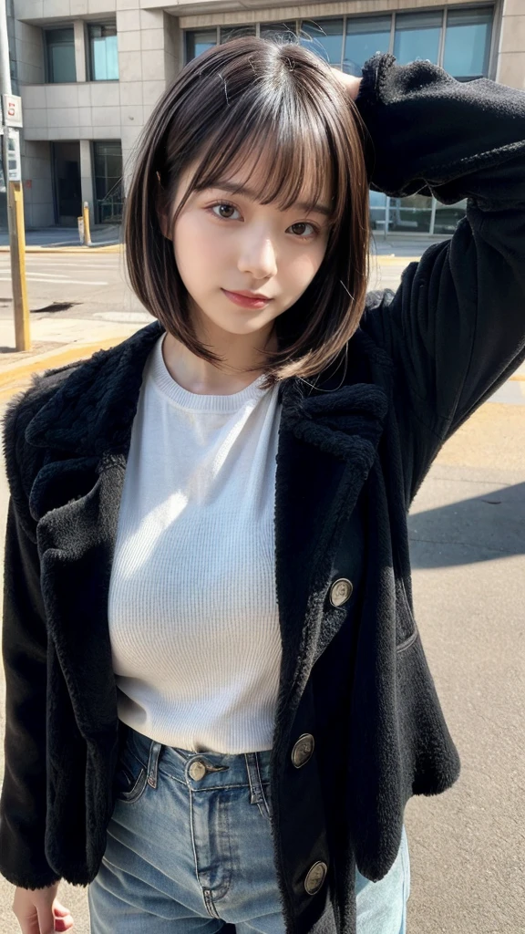 With bangs,Beautiful black hair,Woman with straight medium bob cut,,,21-year-old female,(((No hat))),Aspacarina,((Shy expression)),huge breasts,,Very beautiful eyes, ,(((Wearing a tattered black coat))),((Don't expose it)),(make:1.4),Big eyes,Hip Hop Dancer,Gangster style long pants,8k,High resolution,Gangster style,(head shot:1.5)