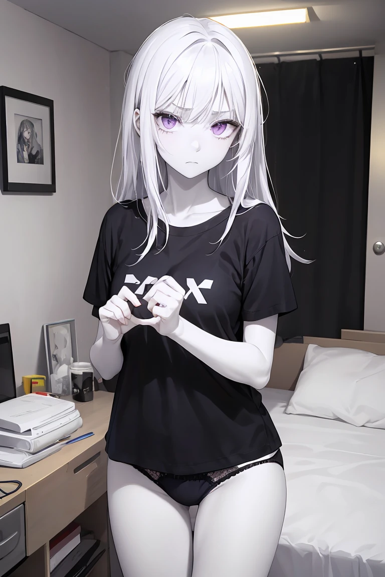 older woman, mature, middle-aged, solemn, serious, long hair, lavender hair, messy hair, violet eyes, completely white skin, white skin, colorless white skin, no skin color, skin literally white, blank expression dark eye sockets, long plain black t-shirt, no pants, indigo panties, dark, dark bedroom, abandoned bedroom, night, dim light, dark lighting, dark, dark, dark, night,  night, night 