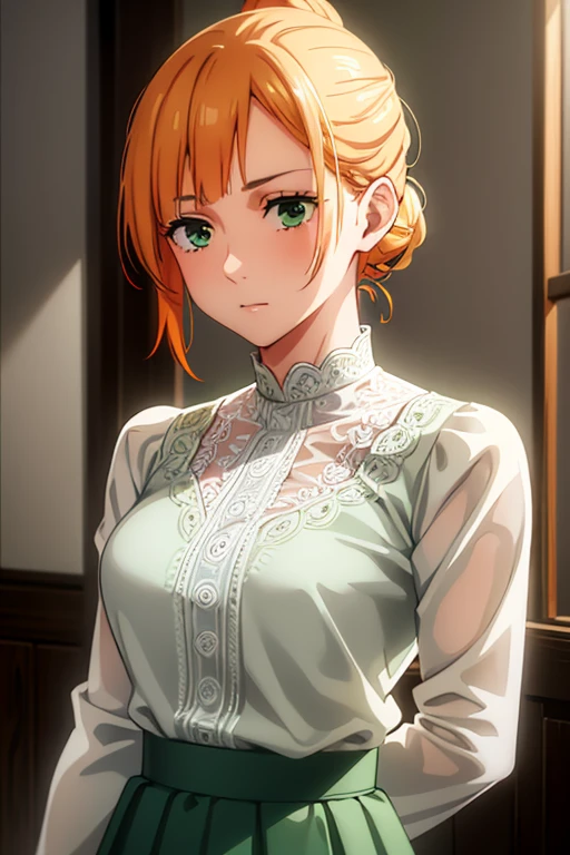 A beautiful young woman with orange hair tied in a bun, wearing a white lace blouse and a long green skirt, detailed anime-style portrait, highly detailed facial features, gorgeous green eyes, intricate clothing textures, cinematic lighting, vibrant colors, masterpiece, photorealistic, 8k