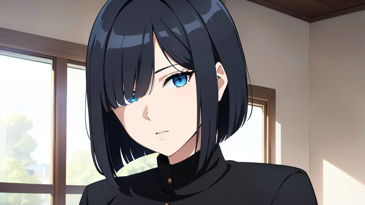 (best quality:1.5, highres, UHD, 4K, detailed lighting, shaders), black hair, bob cut, hair covering one eye, cool woman, cool girl, Slender Eyes,, blue eyes, beautiful, indoors background, casual clothes