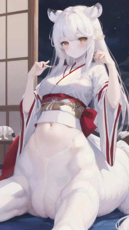 (best quality, masterpiece), 1 girl, centaur, It takes, White skin,Japanese , belly button t-shirt, 아름다운 소녀 perfect white tiger photo, perfect white tiger photo