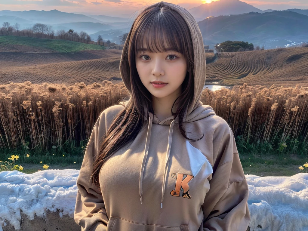 ((top-quality、8K、masterpiece:1.3))、1girl in、Beautiful woman standing on snowy mountain:1.3、(brown long-haired、Colossal tits:1.4)、(Big Silhouette M51 Field Hoodie:1.5)、Super delicate face、Delicat eyes、double eyelid、Close-up of upper body from below、Sunset、