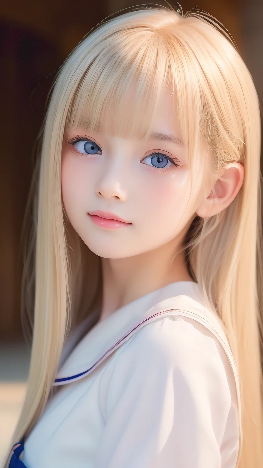 RAW Photos、((((Extremely beautiful portrait)))、(((Bright and fair skin))、1 girl、、Sailor suit、A -yeld pry, bright, natural platinum blonde beauty.、((Gorgeous, natural, bright white platinum blonde))、Super long straight hair、Beautiful Bangs、[Attractive large bright blue eyes]、Smooth, thin and super long hair、Eyeliner、Hair between the eyes、smile、((masterpiece、最high quality、Ultra Detail、Film Light、Intricate details、High resolution、8k、Very detailed))、Detailed Background、8k UHD、Digital SLR、Soft Light、high quality、Film Grain、Fujifilm XT3、Shallow depth of field、Natural light、(Perfect hands)、Perfect beautiful face、Small Face Beauty、round face、Cheek gloss highlighter