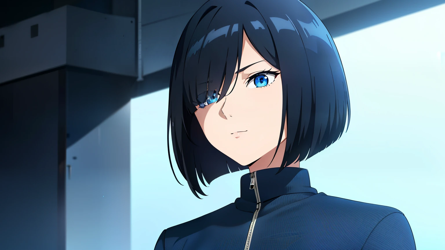 (best quality:1.5, highres, UHD, 4K, detailed lighting, shaders), black hair, bob cut, hair covering one eye, cool woman, cool girl, Slender Eyes,, blue eyes, beautiful, simple background, workout